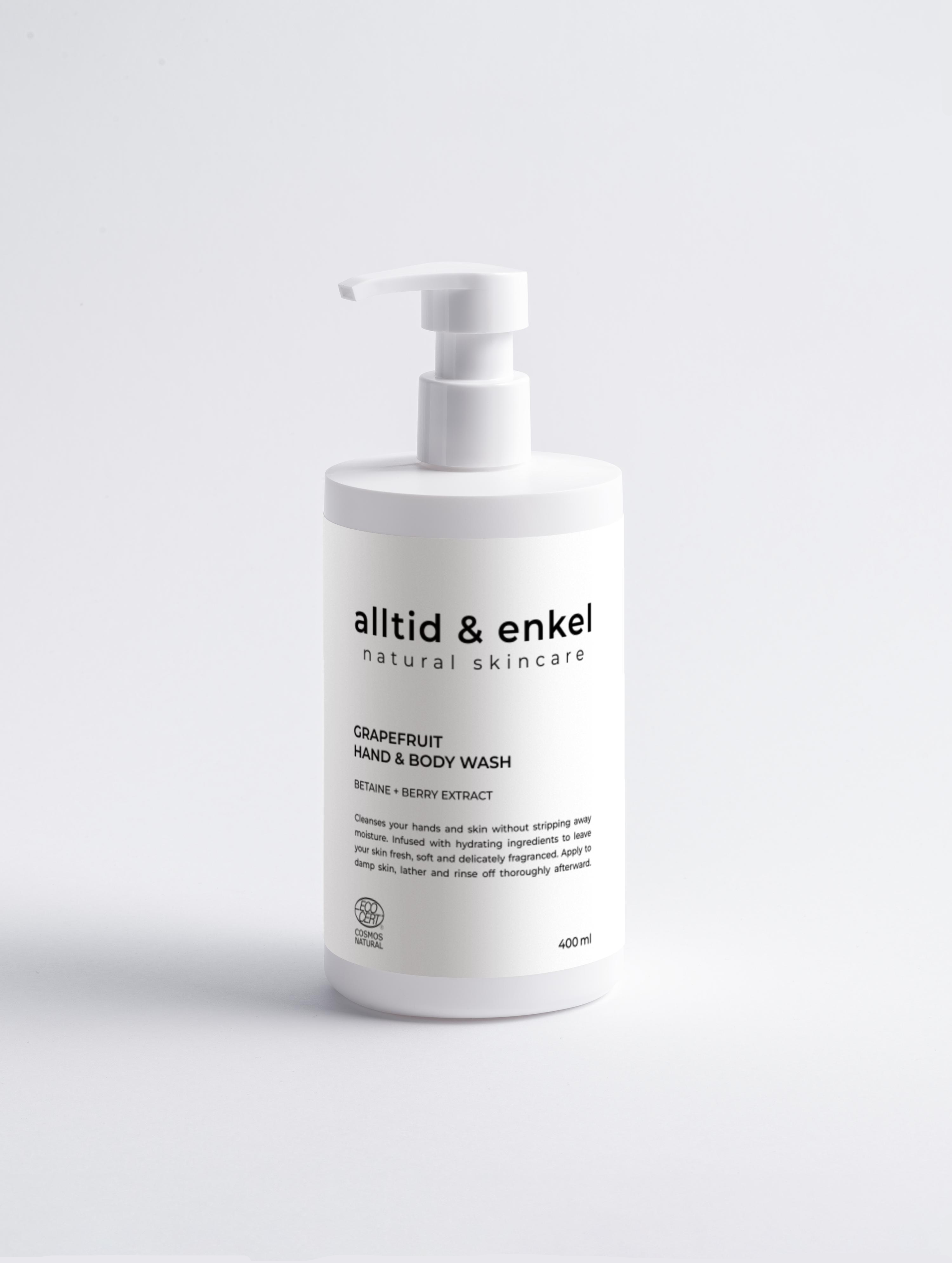 Grapefruit hand and body wash in a sleek white bottle on a white background, 400 ml.
